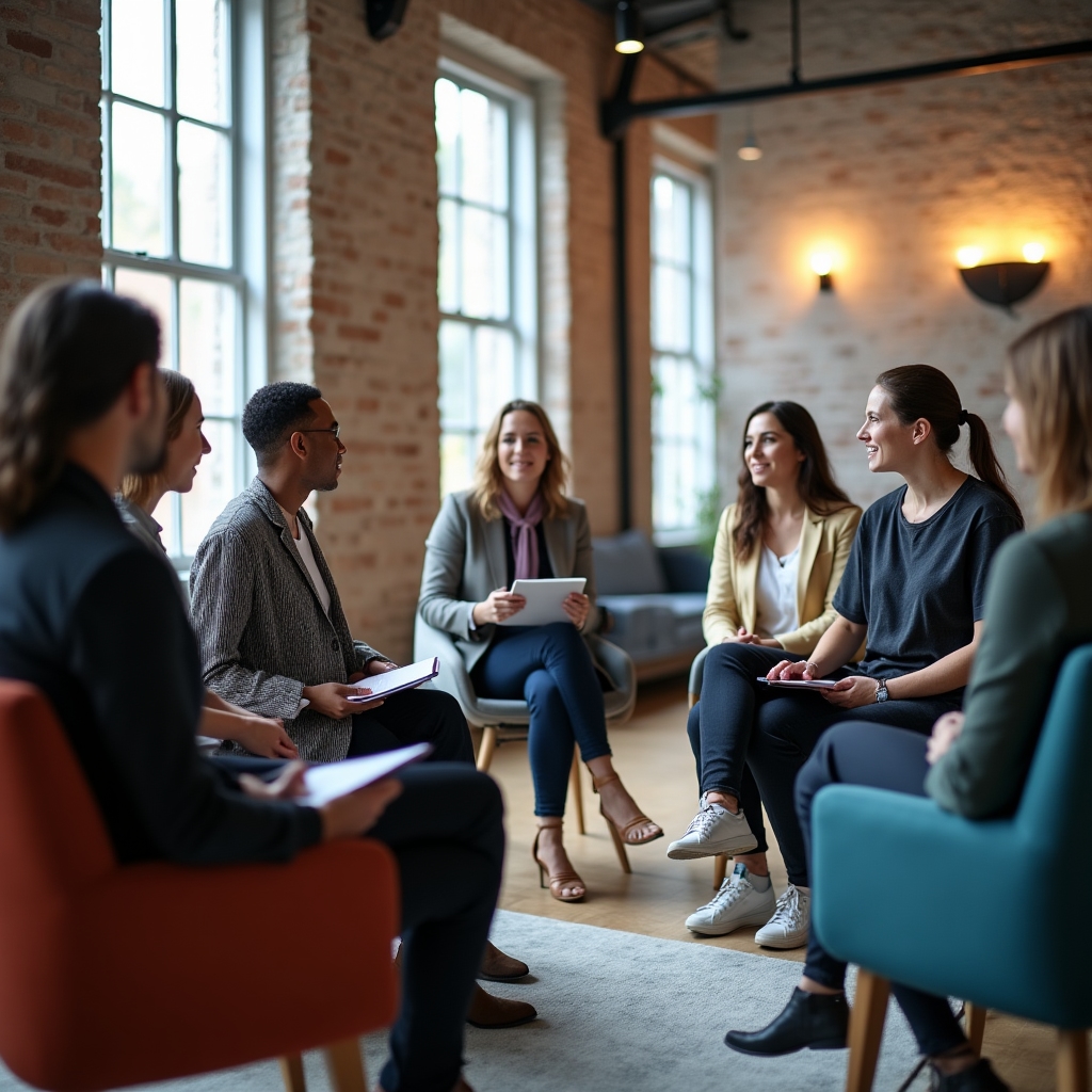 Sesión grupal de coaching de liderazgo en sala pequeña